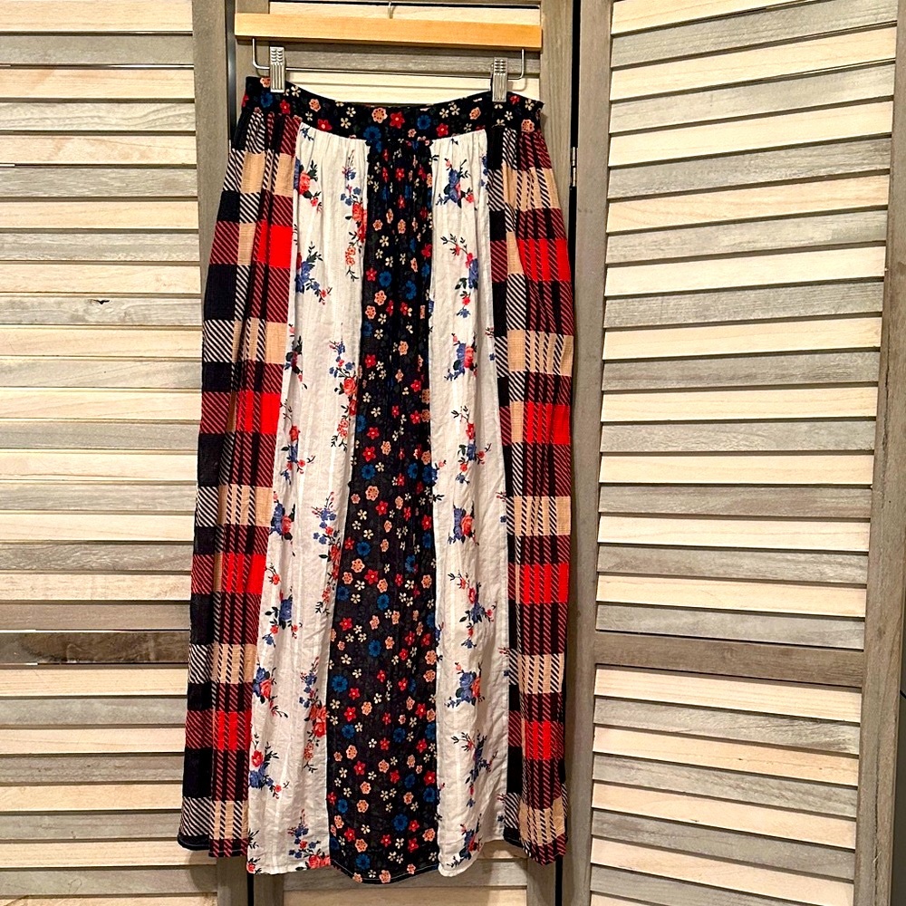 Anthropologie Letimebe Multicolor Floral Plaid Maxi Skirt